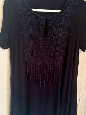Women's Black Embroidered Fringe Short Sleeve Top